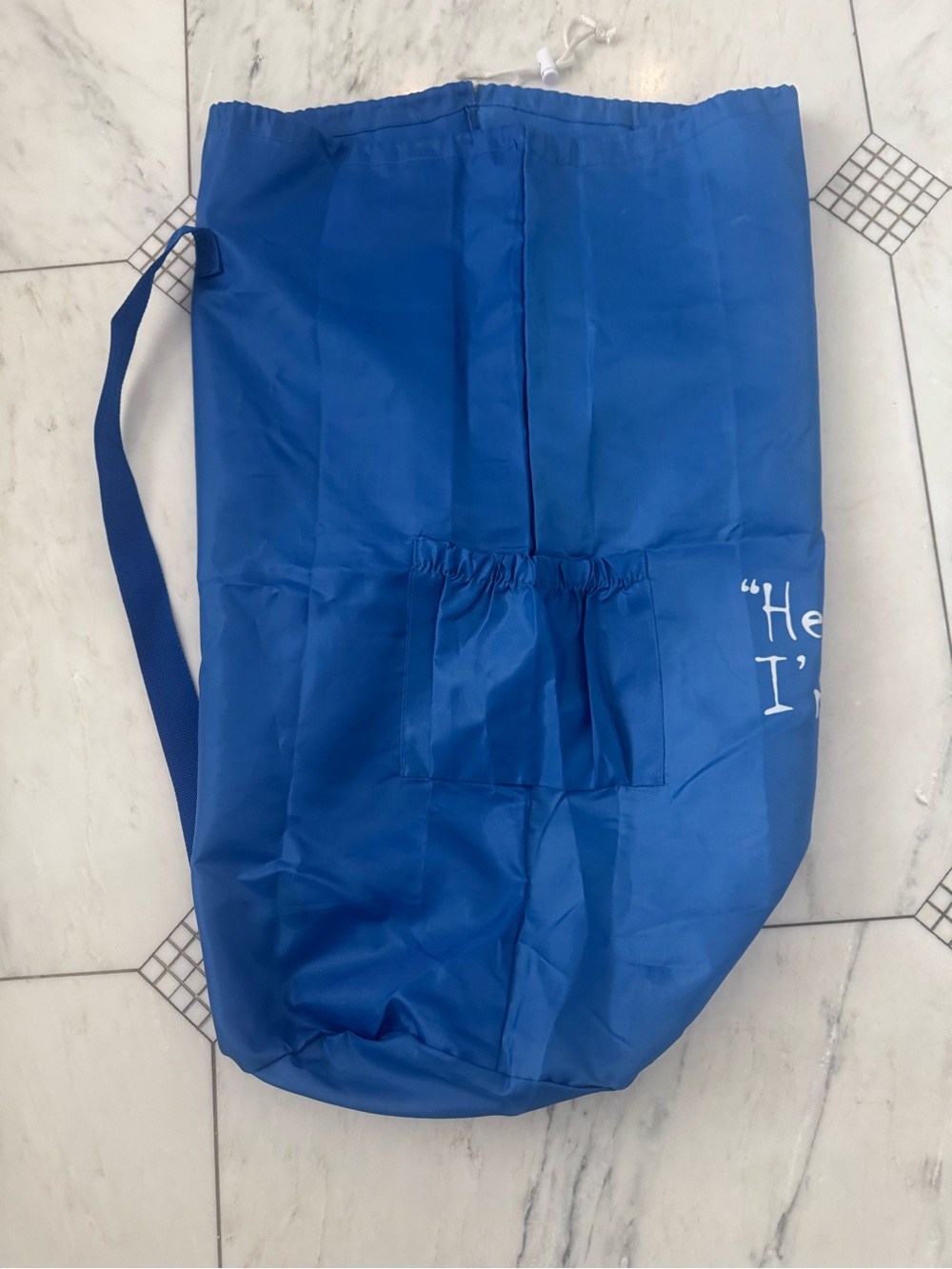 Blue Drawstring Laundry Bag with White Script - Picture 2 of 3